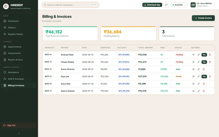 MindEdit billing and invoices with GST breakdown